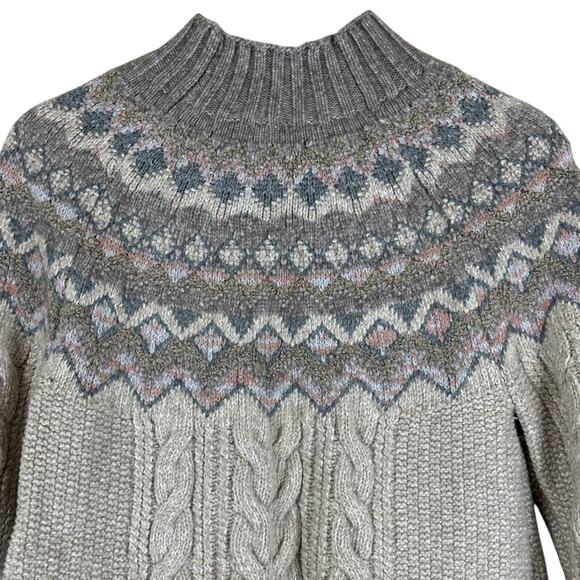 Chico's Fair Isle Sweater Womens M Beige Cotton Cable Knit Cozy Cottagecore - Picture 4 of 7